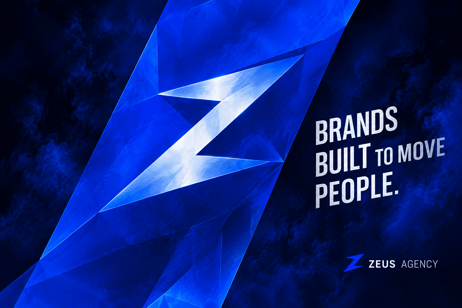 Branding exploration: a luminous Z symbol on cobalt crystal with the line “Brands built to move people.”
