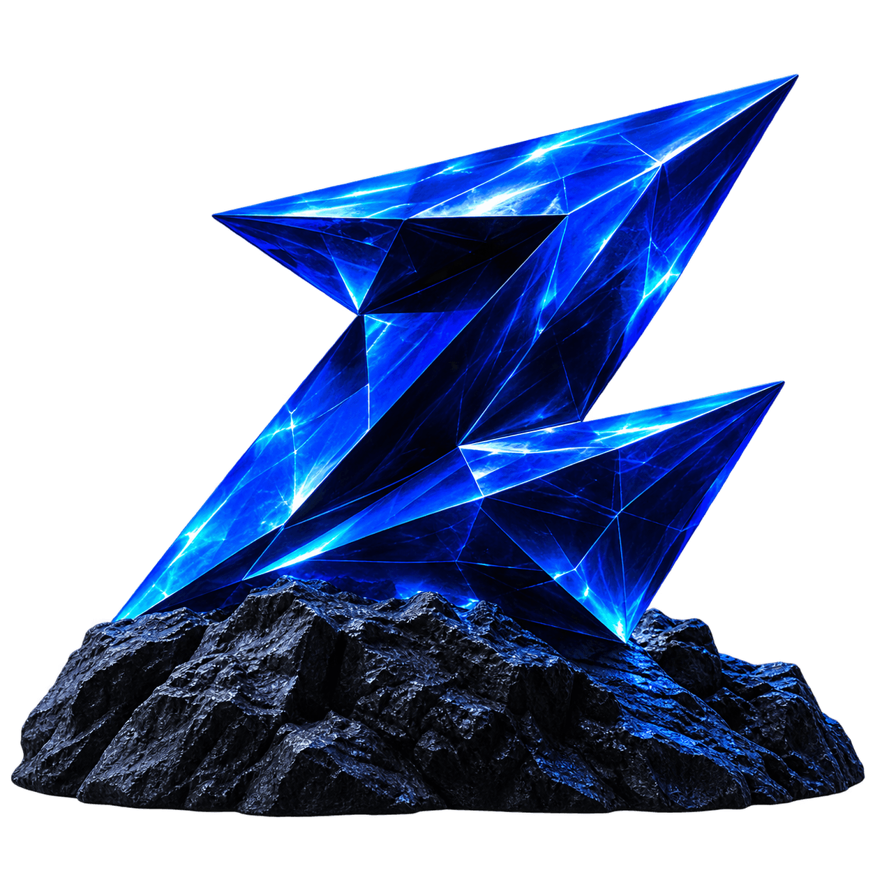 Faceted cobalt-blue crystal in the shape of the ZEUS “Z” symbol, set on dark rock